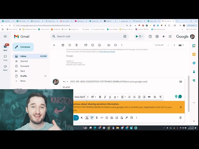 Screenshot showing SMS replies funneled into a universal email inbox for efficient management