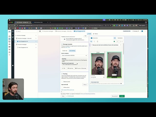 Screenshot showing an Instagram ad creative and message automation starter used for lead generation.