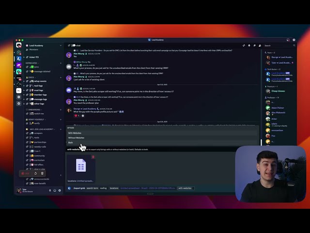 Spreadsheet with GMB leads showing columns for business name, phone, website, address, and reviews