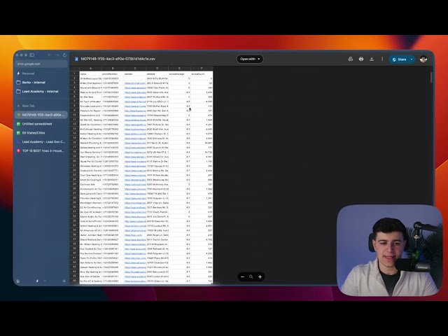 Output example of a Yelp leads export, showing company names, phone numbers, websites, and review counts before enrichment.