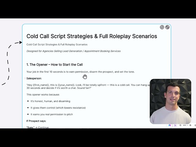 Cold calling script framework recap showing openers, questions, and booking flow in real-world outreach